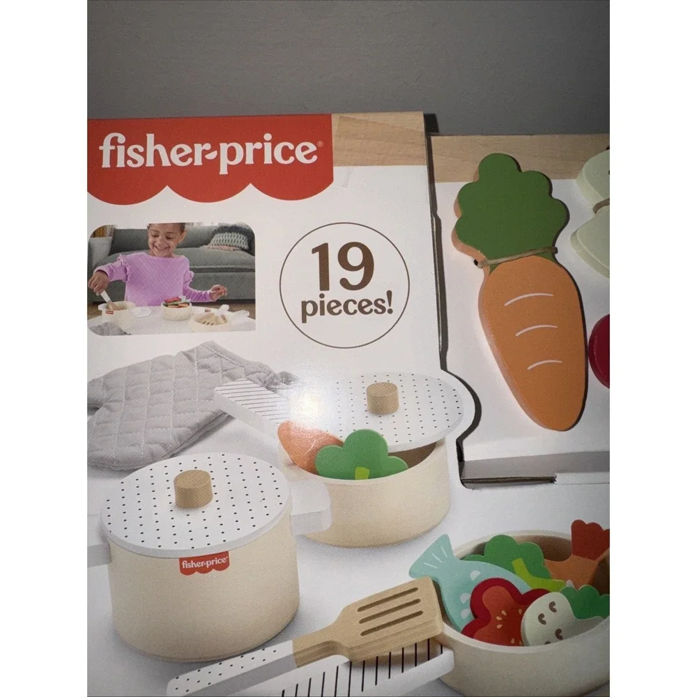 Fisher Price WOODEN POTS & PANS 19 Piece Set Development Toy  FSC Ages 3 +